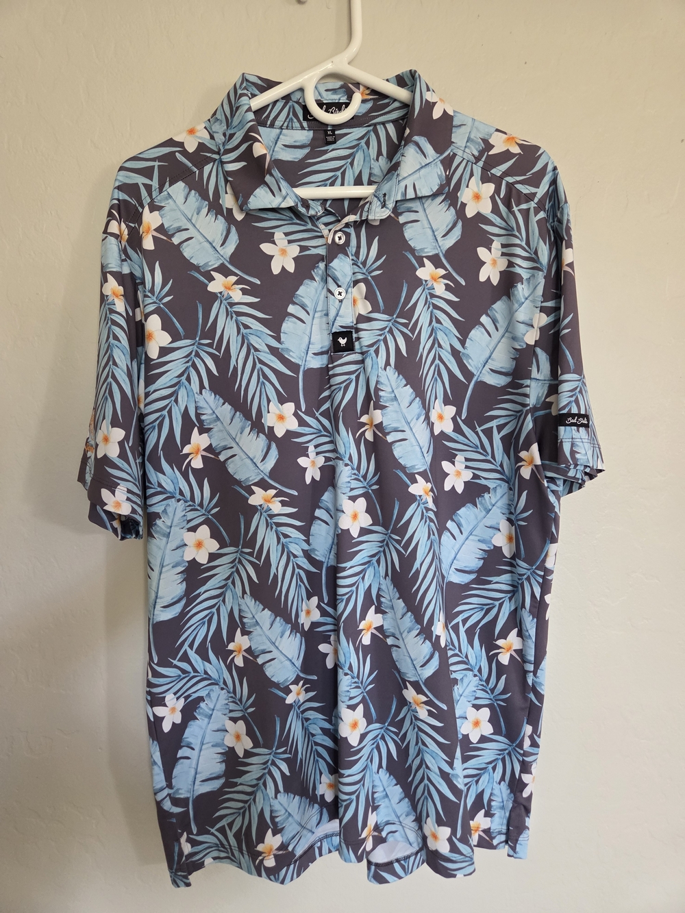 Bad Birdie Men's Navy Polo with Light Blue Tropical Leaves